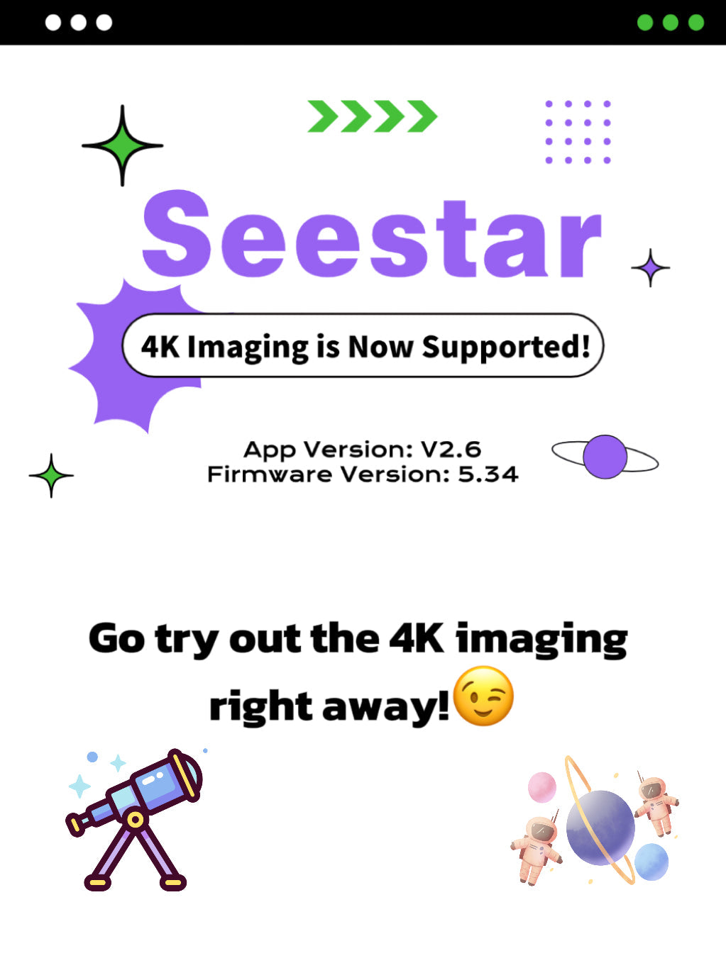 Seestar 4K imaging function tutorial screenshots with 1080p and 4K image comparison