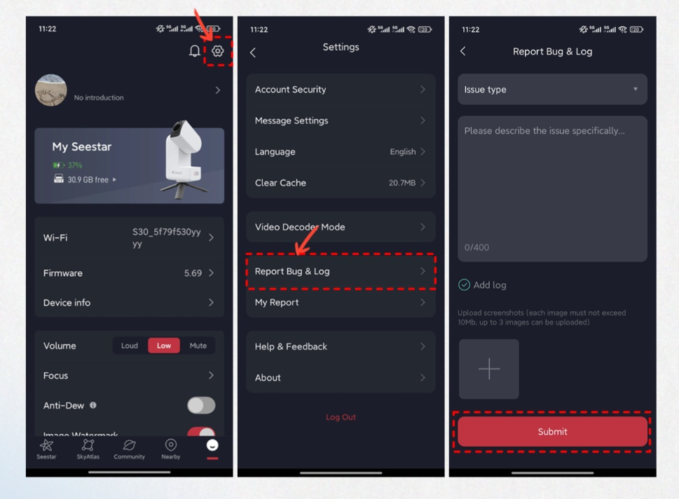 Seestar App bug report tutorial interface: step-by-step guide to submit logs via Me page, Settings and Report Bug & Log form